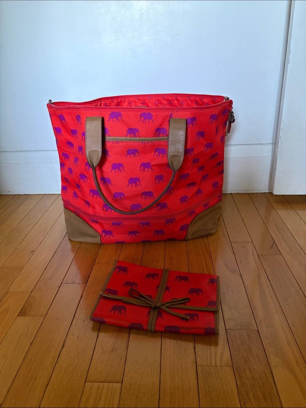 Red Elephant Print Tote Bag with Tan Accents
